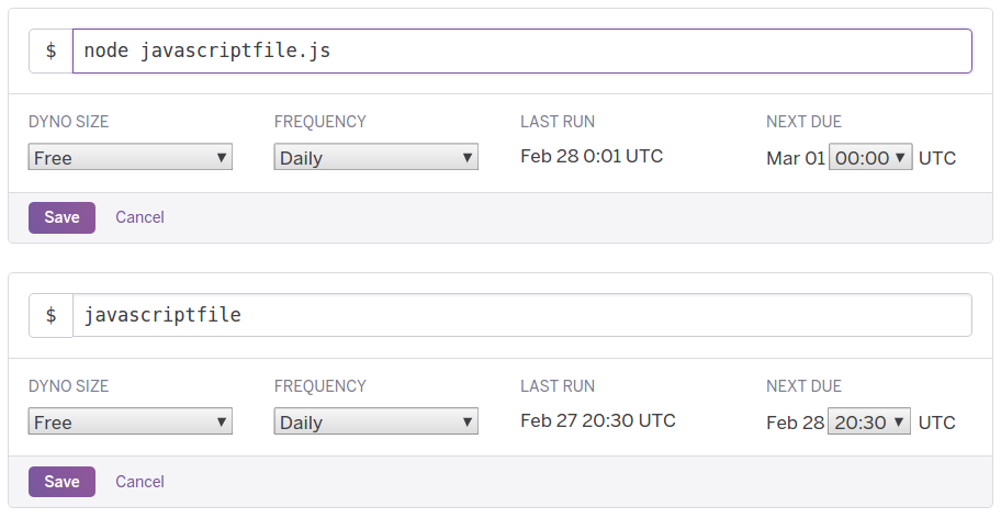 'node task.js' and 'task'